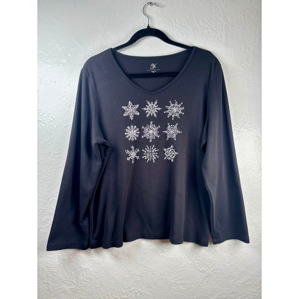 Snowflake Shirt Black 1X Beaded Embellished Long Sleeve Christmas Winter Holiday